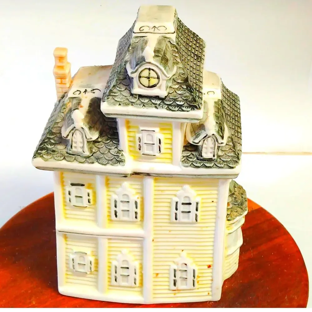 Vintage Victorian House Cookie Jar Yellow Gray Ceramic Mansion Design